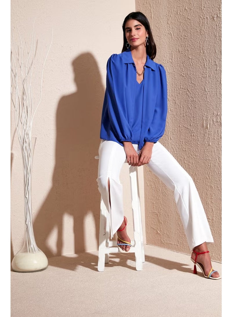 Lela Regular Fit V-Neck Balloon Sleeve Blouse Women's Blouse 611BZ0353 - Image 1